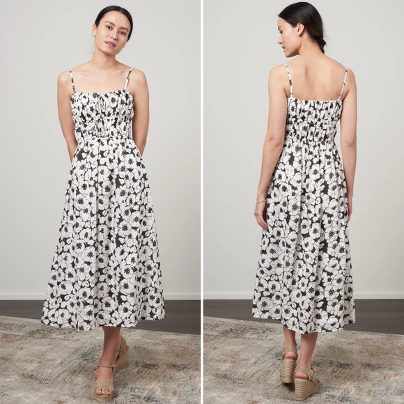 Faithfull the Brand Francesca Black and White Floral Linen Midi Dress - XS